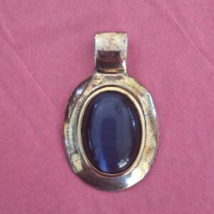 Vintage Blue Cat’s Eye Cabochon Pendant Sterling Silver Statement Piece